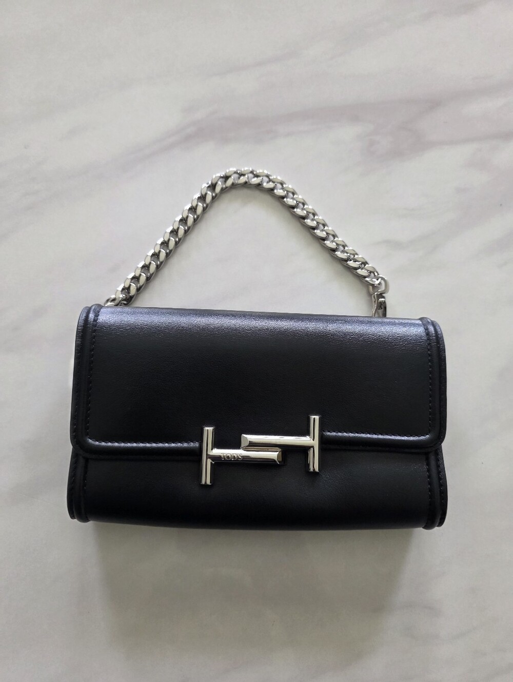 Tod’s Double T Mini Black Leather Chain Shoulder Bag Silver Hardware 5x7 Luxury